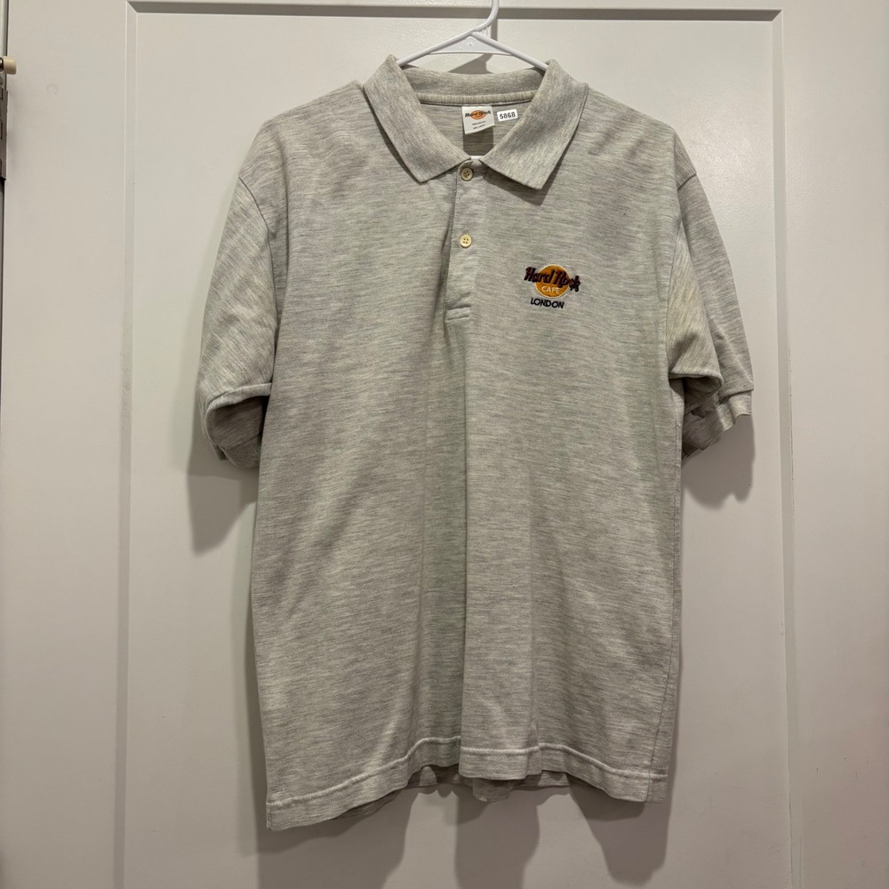 Hard Rock Cafe London Polo Shirt Mens Large Gray Vintage 100% Cotton Pique 5868